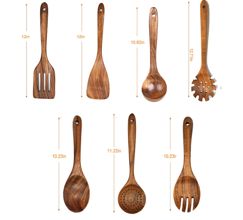 Sovrik av tre, dress av teak, skje med langt grep, tresikt, non-stick spatel