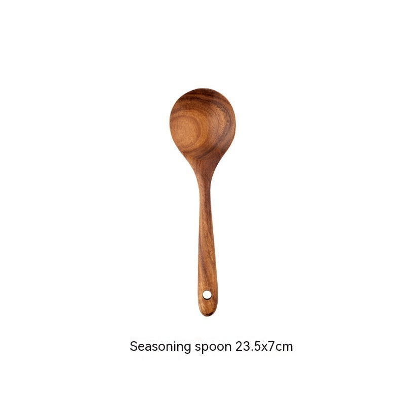 Sovrik av tre, dress av teak, skje med langt grep, tresikt, non-stick spatel