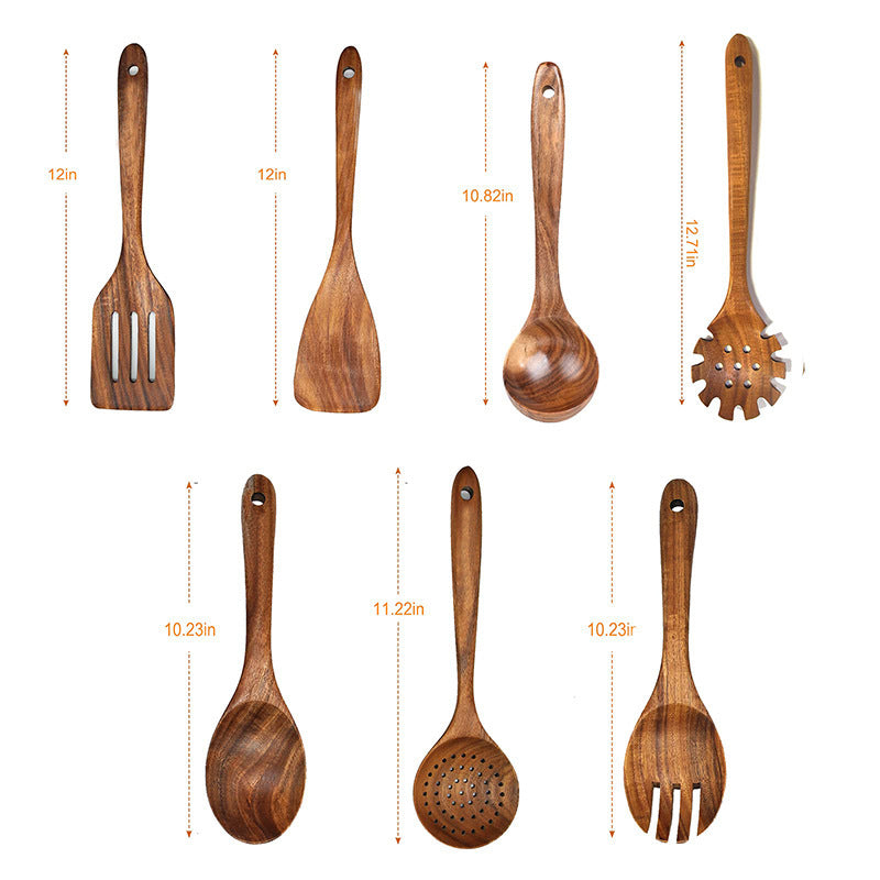 Sovrik av tre, dress av teak, skje med langt grep, tresikt, non-stick spatel