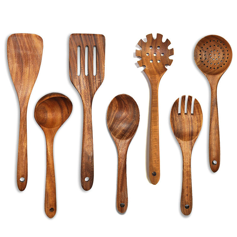 Sovrik av tre, dress av teak, skje med langt grep, tresikt, non-stick spatel