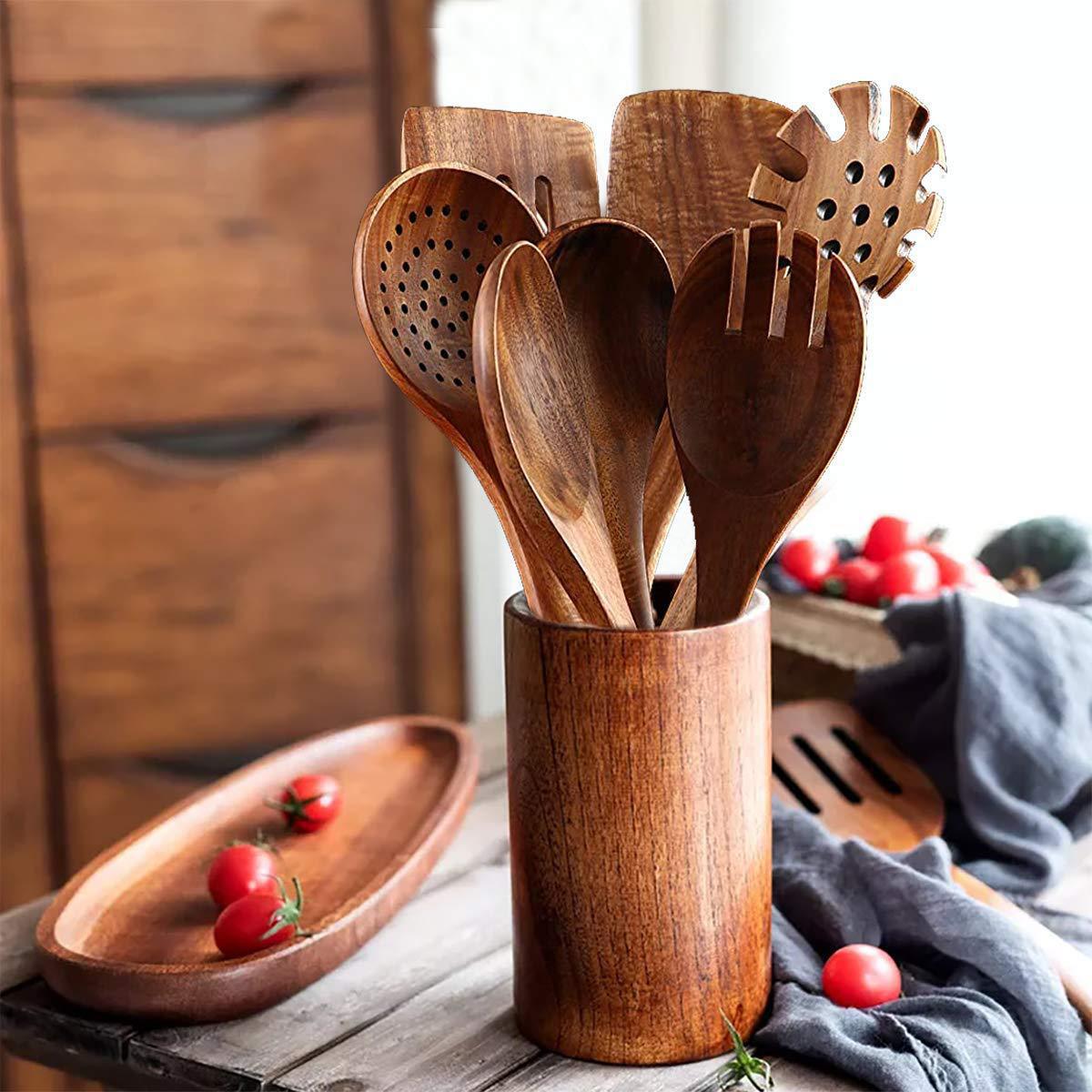 Sovrik av tre, dress av teak, skje med langt grep, tresikt, non-stick spatel