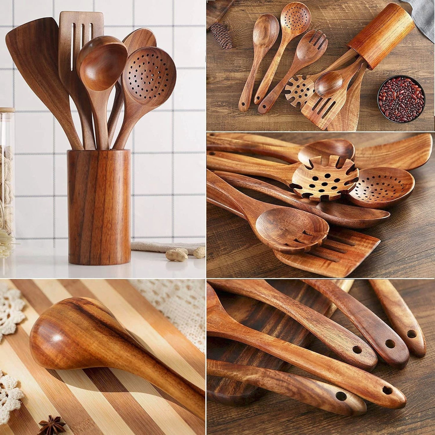 Sovrik av tre, dress av teak, skje med langt grep, tresikt, non-stick spatel